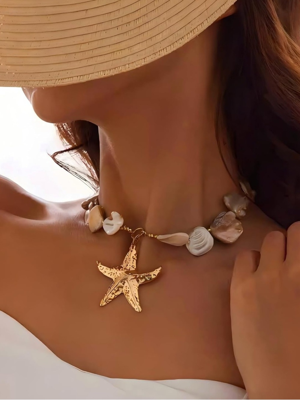 Gold Starfish Shell Choker Necklace - Iridescent Pearl - Picture 6 of 6